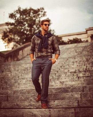 Men's Black Crew-neck Sweater, Brown Plaid Dress Shirt, Charcoal Dress Pants, Brown Leather Low Top Sneakers