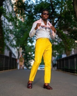 Burgundy Leather Loafers with Yellow Pants Outfits For Men (2 ideas &  outfits)
