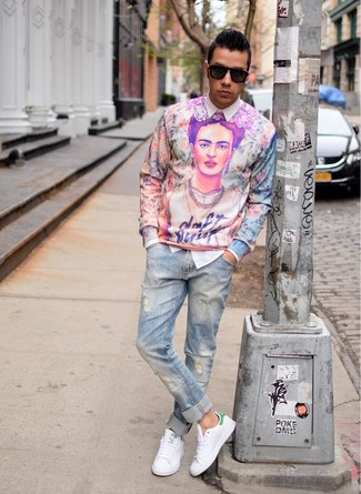 Men's Pink Print Crew-neck Sweater, White Dress Shirt, Light Blue Ripped Jeans, White and Green Low Top Sneakers