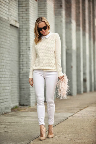 Tan Fur Clutch Outfits: For a casual getup, Pair a beige crew-neck sweater with a tan fur clutch. For a more sophisticated feel, introduce beige suede pumps to your ensemble.