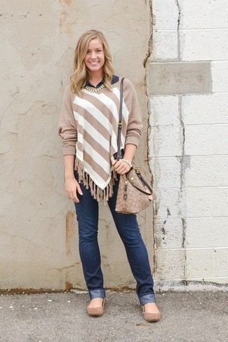 Women's Brown Horizontal Striped Crew-neck Sweater, Navy Dress Shirt, Navy Skinny Jeans, Brown Suede Ballerina Shoes