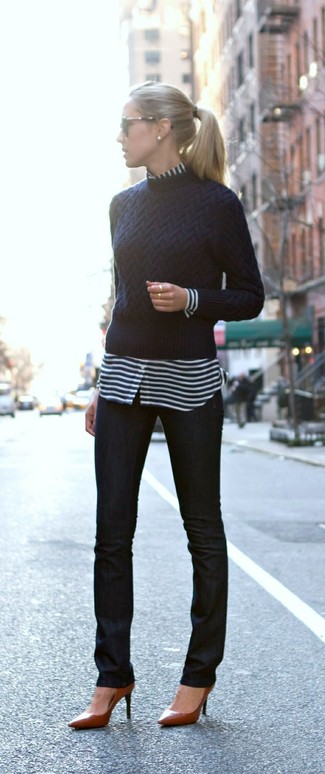 Women's Navy Crew-neck Sweater, White and Navy Horizontal Striped Dress Shirt, Black Skinny Jeans, Brown Leather Pumps