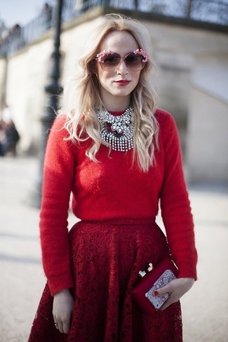 Women's Red Crew-neck Sweater, Red Lace Full Skirt, Red Clutch, Pink Sunglasses
