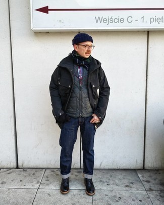 Men's Navy Jeans, Blue Print Crew-neck Sweater, Charcoal Quilted Gilet, Black Field Jacket