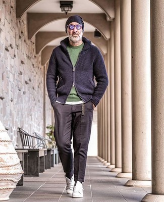 Men's Green Crew-neck Sweater, Navy Knit Hoodie, White Crew-neck T-shirt, Charcoal Chinos