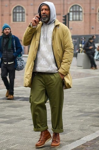 Tan Puffer Coat Outfits For Men: 