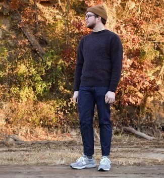Men's Navy Crew-neck Sweater, Navy Jeans, Grey Athletic Shoes, Tan Beanie