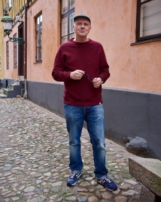 Men's Burgundy Crew-neck Sweater, Blue Jeans, Navy and White Athletic Shoes, Grey Baseball Cap