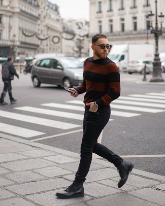Dark Brown Horizontal Striped Crew-neck Sweater Outfits For Men: Marry a dark brown horizontal striped crew-neck sweater with black jeans for both sharp and easy-to-style ensemble. Feeling creative today? Spice up this ensemble by finishing with black leather casual boots.