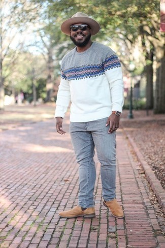 White Crew-neck Sweater Smart Casual Outfits For Men: Consider pairing a white crew-neck sweater with grey jeans to effortlessly deal with whatever this day has in store for you. If you wish to immediately kick up this look with one item, why not introduce a pair of tan suede chelsea boots to the equation?