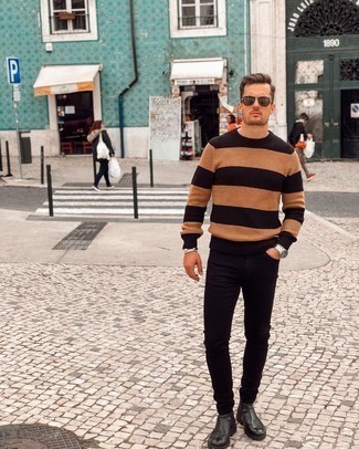 Dark Brown Horizontal Striped Crew-neck Sweater Outfits For Men: A dark brown horizontal striped crew-neck sweater and black jeans are the kind of a fail-safe casual outfit that you need when you have no extra time. If you want to feel a bit fancier now, complete your ensemble with a pair of black leather chelsea boots.