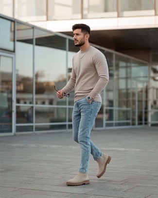 Beige Crew-neck Sweater Outfits For Men: For a casual getup with a fashionable spin, you can dress in a beige crew-neck sweater and light blue jeans. Infuse this ensemble with an air of elegance by rocking beige suede chelsea boots.