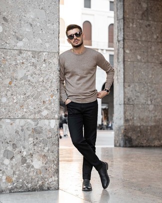 Black Bracelet Outfits For Men: A brown crew-neck sweater and a black bracelet are a relaxed casual combination that every sartorial-savvy guy should have in his casual wardrobe. Play down the casualness of this ensemble by sporting black leather chelsea boots.