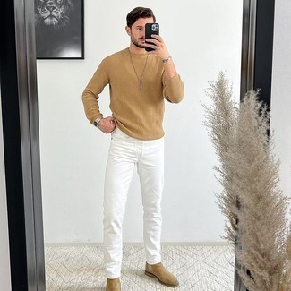 Tan Suede Chelsea Boots Outfits For Men: To create a relaxed ensemble with a modernized spin, you can go for a tan crew-neck sweater and white jeans. Kick up the appeal of your ensemble by sporting a pair of tan suede chelsea boots.