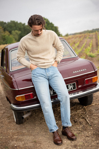 Men's Beige Crew-neck Sweater, Light Blue Jeans, Dark Brown Leather Derby Shoes, Brown Leather Watch
