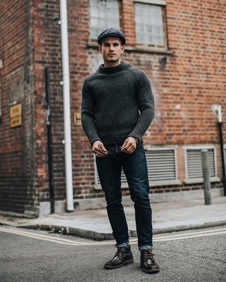 Tobacco Leather Desert Boots Outfits: Rock a charcoal crew-neck sweater with navy jeans to put together a seriously sharp and modern-looking laid-back outfit. Tobacco leather desert boots tie the look together.