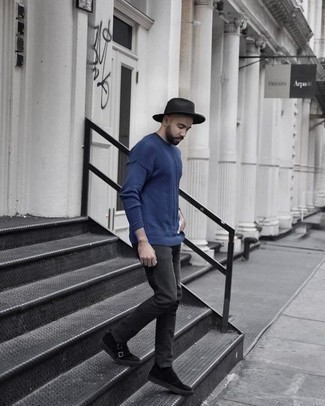Charcoal Wool Hat Outfits For Men: To pull together an off-duty menswear style with a city style finish, you can easily opt for a blue crew-neck sweater and a charcoal wool hat. And if you wish to easily step up your look with one piece, introduce a pair of black suede double monks to the mix.