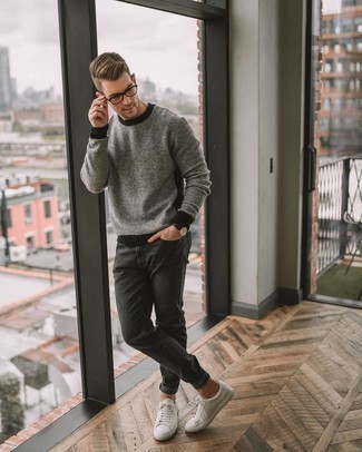 No Show Socks Outfits For Men: Extremely dapper, this pairing of a grey crew-neck sweater and no show socks provides with amazing styling possibilities. For a modern hi-low mix, complement your outfit with white leather low top sneakers.