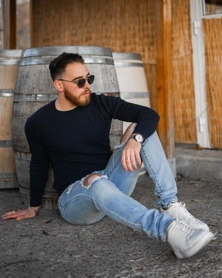 Men's Navy Crew-neck Sweater, Light Blue Ripped Jeans, White Leather Low Top Sneakers, Black Sunglasses