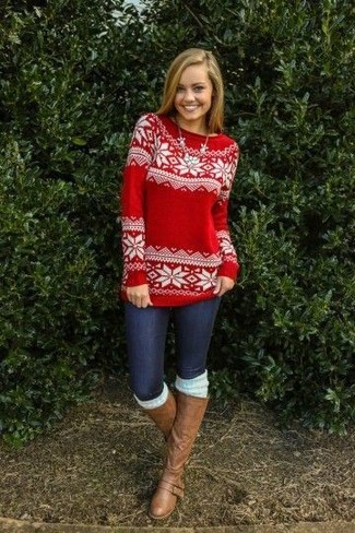 Navy Denim Leggings Outfits: Why not opt for a red and white fair isle crew-neck sweater and navy denim leggings? As well as super comfy, both pieces look nice together. For a more polished vibe, why not introduce a pair of brown leather knee high boots to the mix?