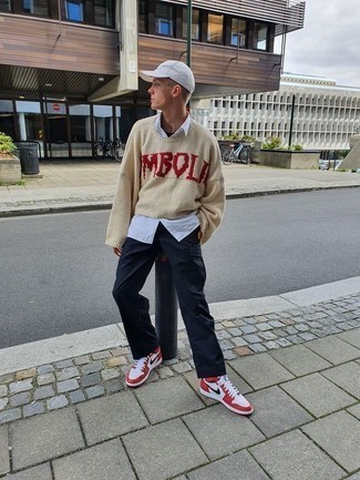 Men's Beige Print Crew-neck Sweater, White Long Sleeve Shirt, Navy Cargo Pants, White and Red Leather High Top Sneakers