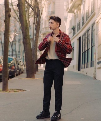 Red Plaid Long Sleeve Shirt Outfits For Men: Swing into something casual yet on-trend with a red plaid long sleeve shirt and navy cargo pants. Not sure how to finish off? Complete this ensemble with black and white athletic shoes to shake things up.
