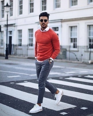 Men's Red Crew-neck Sweater, White Long Sleeve Shirt, Blue Chinos, White Canvas Low Top Sneakers