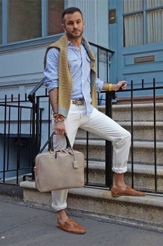 Beige Woven Leather Belt Outfits For Men: The pairing of a grey horizontal striped crew-neck sweater and a beige woven leather belt makes for a kick-ass casual ensemble. Complement this look with a pair of brown woven leather loafers to make the ensemble a bit dressier.
