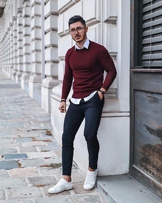 Men's Burgundy Crew-neck Sweater, White Long Sleeve Shirt, Navy Chinos, White Canvas Low Top Sneakers