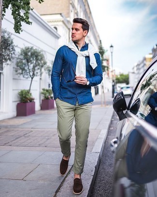 Mint Chinos Outfits: For a casually dapper look, make a white crew-neck sweater and mint chinos your outfit choice — these pieces work perfectly well together. Switch up this ensemble with a classier kind of footwear, such as this pair of dark brown suede loafers.