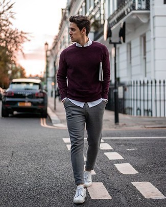 Grey Chinos with Burgundy Crew-neck Sweater Outfits (26 ideas outfits)