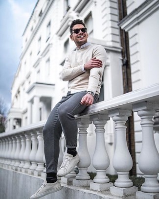 Black Horizontal Striped Socks Outfits For Men: Why not choose a beige crew-neck sweater and black horizontal striped socks? Both pieces are totally functional and look nice paired together. Want to play it up with shoes? Add white canvas low top sneakers to the mix.