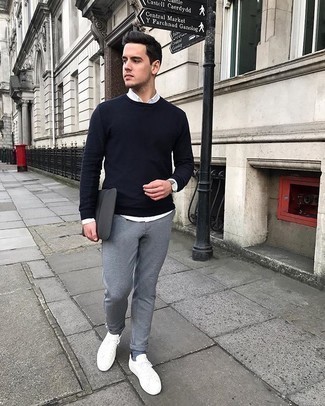 Men's Navy Crew-neck Sweater, White Long Sleeve Shirt, Grey Chinos, White Canvas Low Top Sneakers