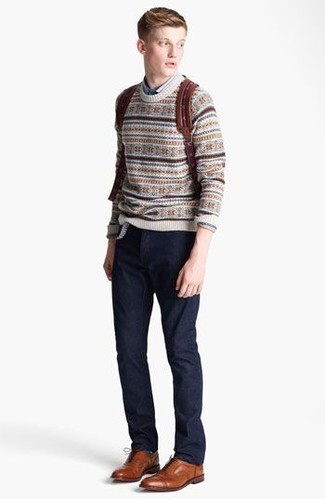 Tan Fair Isle Crew-neck Sweater Outfits For Men: A tan fair isle crew-neck sweater and navy chinos matched together are a sartorial dream for those dressers who love cool and relaxed combinations. Introduce tobacco leather oxford shoes to this getup for an instant style injection.