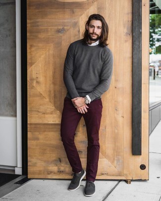 Men's Grey Crew-neck Sweater, White Long Sleeve Shirt, Burgundy Chinos, Charcoal Canvas Oxford Shoes