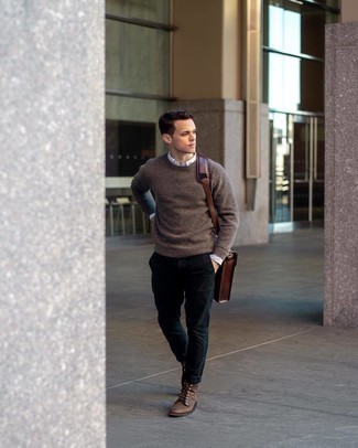 Men's Brown Crew-neck Sweater, Light Blue Vertical Striped Long Sleeve Shirt, Navy Chinos, Brown Leather Casual Boots