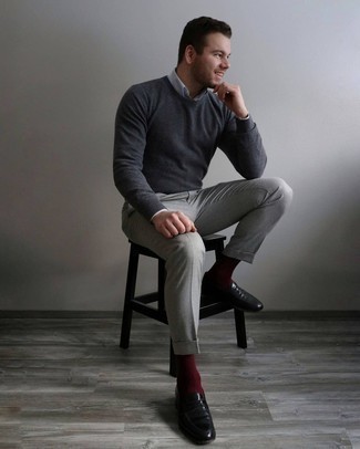Men's Charcoal Crew-neck Sweater, White and Blue Vertical Striped Long Sleeve Shirt, Grey Chinos, Black Leather Loafers