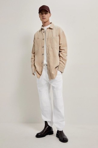 Beige Corduroy Long Sleeve Shirt Outfits For Men: A beige corduroy long sleeve shirt and white chinos matched together are a match made in heaven for those dressers who prefer casually stylish combos. Exhibit your sophisticated side by rounding off with black leather chelsea boots.