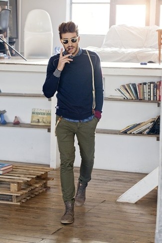 Men's Navy Crew-neck Sweater, Blue Chambray Long Sleeve Shirt, Olive Chinos, Brown Leather Casual Boots
