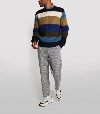 Men's Multi colored Horizontal Striped Crew-neck Sweater, Blue Long Sleeve Shirt, Black and White Vertical Striped Chinos, White and Black Athletic Shoes