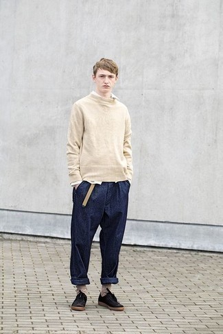 Men's Beige Crew-neck Sweater, White Long Sleeve Shirt, Navy Chinos, Black Canvas Low Top Sneakers