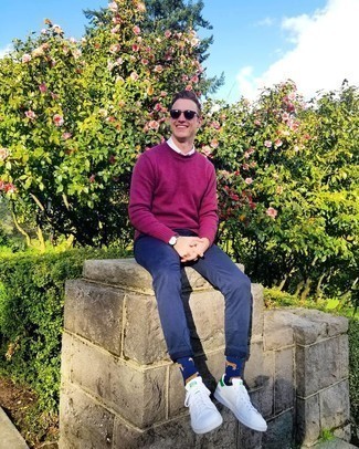 Men's Purple Crew-neck Sweater, White Long Sleeve Shirt, Navy Chinos, White and Green Leather Low Top Sneakers