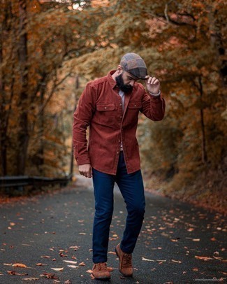 Men's Grey Crew-neck Sweater, Brown Corduroy Long Sleeve Shirt, Navy Chinos, Brown Suede Casual Boots