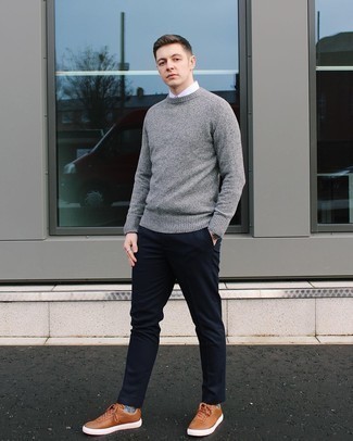 Men's Grey Crew-neck Sweater, White Long Sleeve Shirt, Navy Chinos, Brown Leather Low Top Sneakers