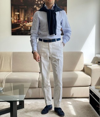 Blue Suede Tassel Loafers Outfits: Putting together a navy crew-neck sweater and white dress pants is a surefire way to inject your closet with some manly refinement. Complement this look with blue suede tassel loafers and ta-da: this ensemble is complete.