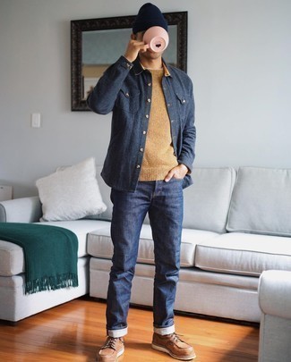 Men's Tan Crew-neck Sweater, Navy Wool Long Sleeve Shirt, Navy Jeans, Brown Leather Casual Boots