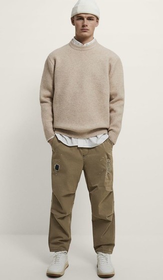 Men's Beige Crew-neck Sweater, White Long Sleeve Shirt, Olive Ripped Jeans, White Leather Low Top Sneakers
