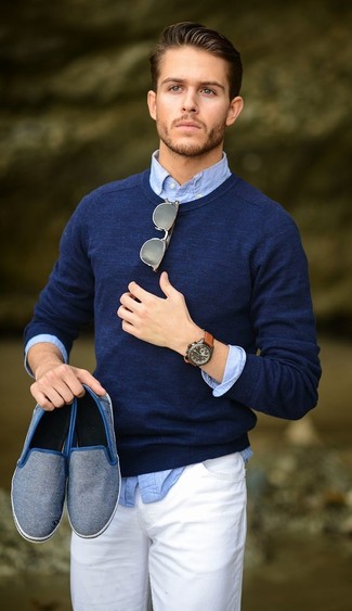 Men's Navy Crew-neck Sweater, Light Blue Chambray Long Sleeve Shirt, White Jeans, Grey Canvas Slip-on Sneakers