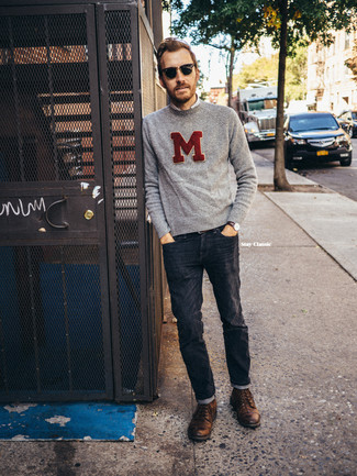 Grey Embroidered Crew-neck Sweater Outfits For Men: This off-duty pairing of a grey embroidered crew-neck sweater and navy jeans is super easy to pull together without a second thought, helping you look awesome and ready for anything without spending a ton of time digging through your wardrobe. Here's how to inject an extra touch of style into this outfit: brown leather casual boots.