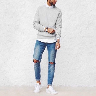 Men's Grey Crew-neck Sweater, White Long Sleeve Shirt, Blue Ripped Jeans, White Low Top Sneakers